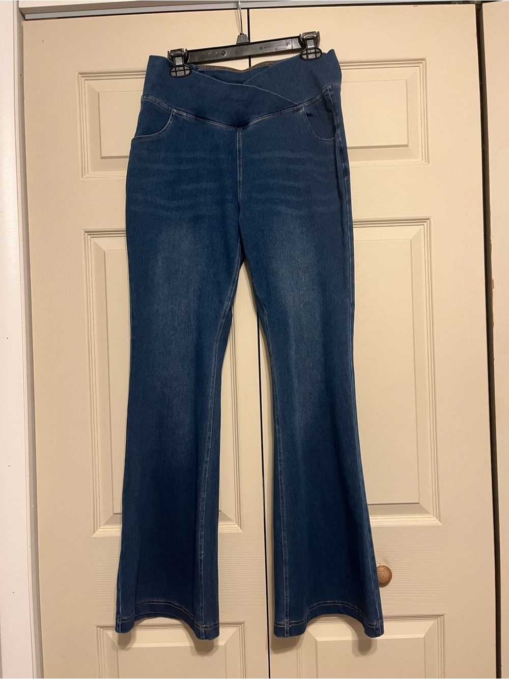 Medium Wash With Subtle Fading Women’s Flare Denim Knit Stretch Jeans